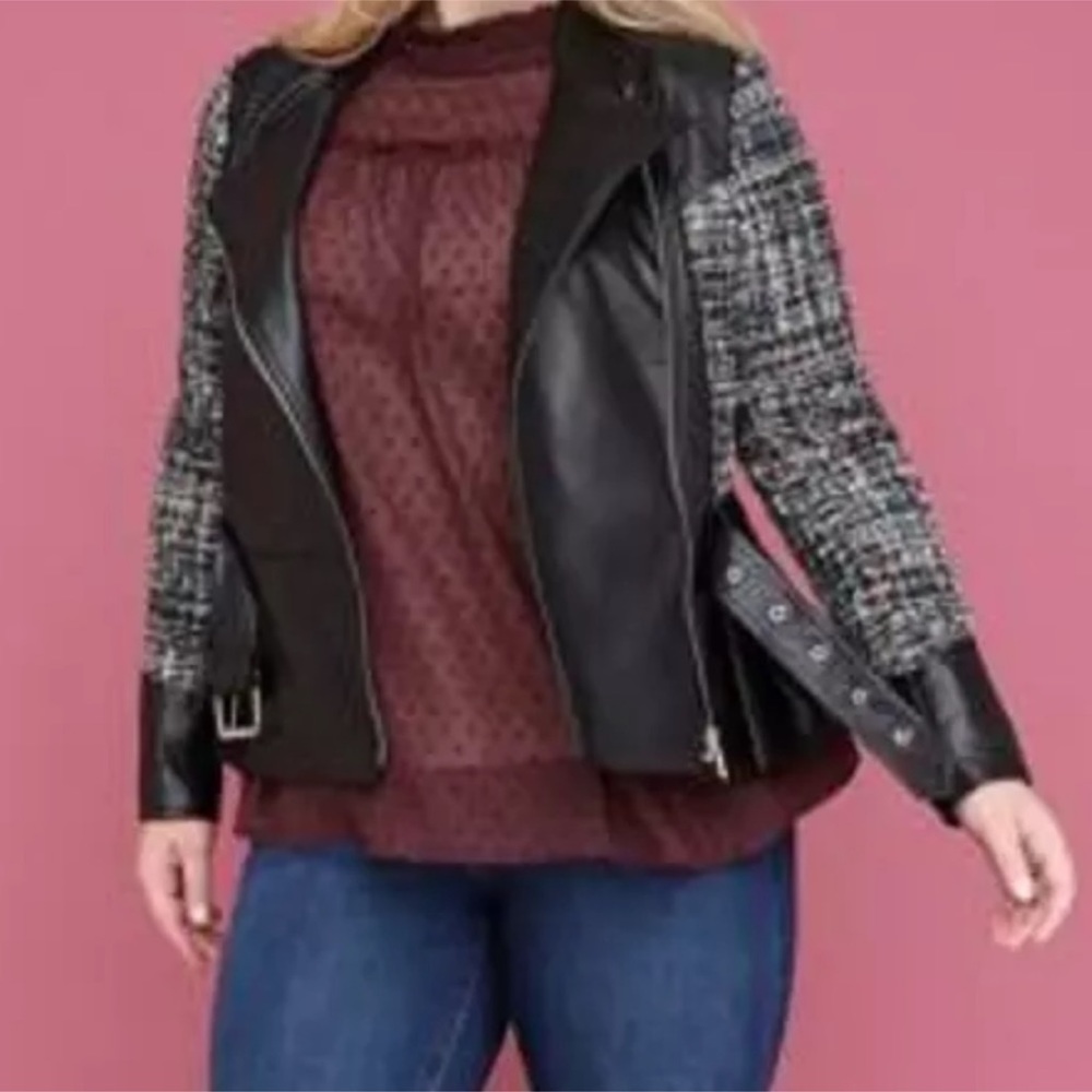 Lane Bryant Moto Jacket with Tweed Contrasting
Sleeves Buckle Belt faux Leather